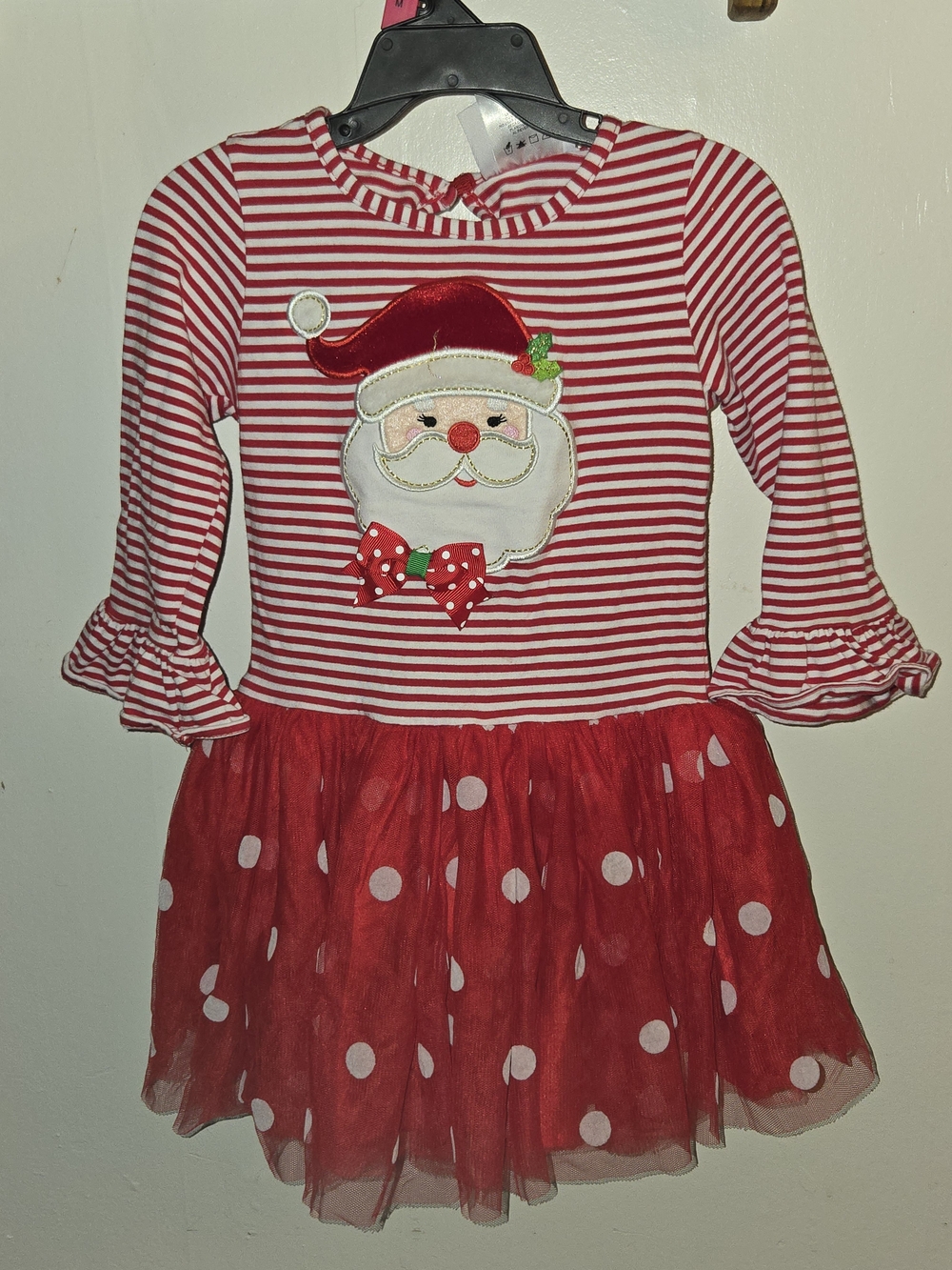 Girls' Red Striped Santa Applique Tulle Holiday Dress
